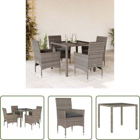 Gartenessgruppe -  5-tlg. Garten-Essgruppe mit Kissen Grau Poly Rattan und Glas (1/5)
