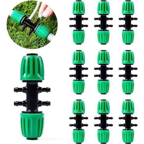 10 pcs Connecteur d’irrigation 6 voies en T barbelé, raccord 1/2 vers 1/4 pouce pour tuyau goutte à goutte, vert (1/5)