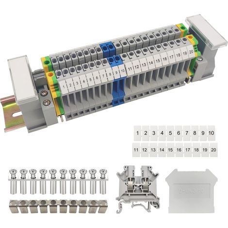 Universal DIN Rail Electrical Terminal Block Kit UK/3N5N Earth, Alu, Caps, Brackets, Jumpers and Compact Connectors (1/5)