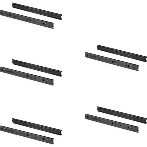 Emuca – Lot de 5 coulisses à billes pour tiroirs – Sortie totale – Acier zingué noir – Hauteur 45mm – Charge max 30kg – Longueur 350mm