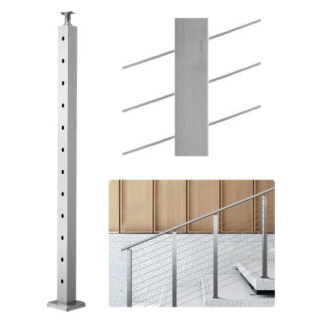 Poste de Barandilla de Cable, 1 PCS Poste de Barandilla 106,7 x 5 x 5 cm en Ángulo de 30°, Poste de Acero Inoxidable SUS304 con Soporte Horizontal y Curvo, Plata, 1JZLGZXYS1062TLWC001V0 (1/5)