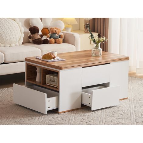 Modernluxe – Table basse relevable 100x51x47cm – 2 bureaux relevables – 3 tiroirs et 2 compartiments de rangement – Panneaux de particules blanc et naturel (1/5)