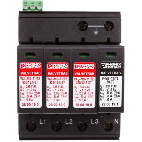 Scaricatore di sovratensione tipo T1+T2 4P 12,5 kA 1,2 kV 335 V VAL-MS-T1/T2 335/12,5/3+1-FM 2800183
