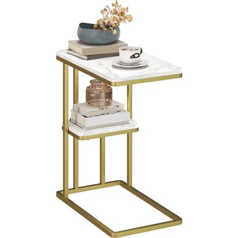 Table d'appoint étroite en C, effet marbre blanc, 50 x 30 x 57,5 cm, étagère, style moderne, chevet (1/5)