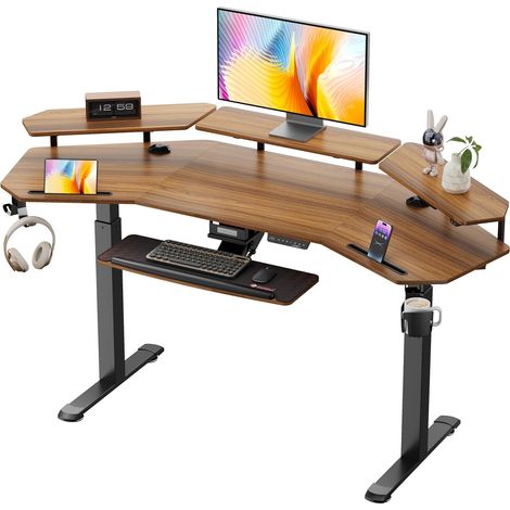 Bureau hauteur réglable 182×76cm, modèle aile gaming à double moteur électrique. Equipé d'éclairage LED, support écran et repose-clavier, grand espace de travail et jeu