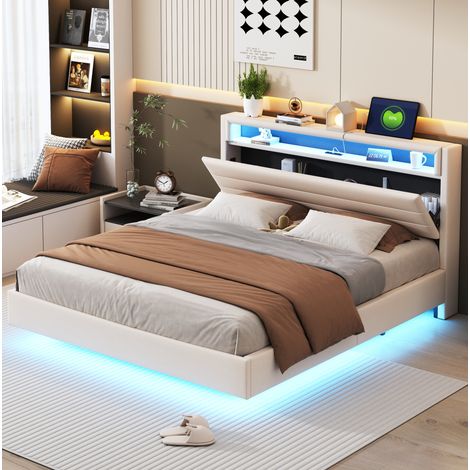 Lit double rembourré en tissu lin beige 160x200 cm avec LED, USB, tête de lit pivotante et sommier à lattes (1/5)