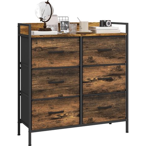 Commode, meuble de rangement pour chambre 6 tiroirs tissu non tissé cadre en acier, 79 x 29 x 85 cm, effet bois d'acajou
