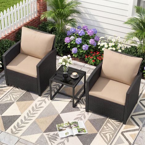 Salon de Jardin 3 Pièces en Rotin PE : 2 Fauteuils avec Coussins + Table à Verre Trempé, Cadre Métal Résistant, Mobilier d’Extérieur Noir-Khaki pour Balcon, Terrasse et Jardin (1/4)