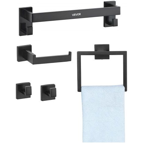 Badezimmer Hardware Zubehör Set (5-tlg.) inkl. Handtuchstange (406,4 mm) & Handtuchhalter (quadratischer Ring) & 2 Haken & Toilettenpapierhalter, für Badezimmer, Wandmontage Mattschwarz (1/5)