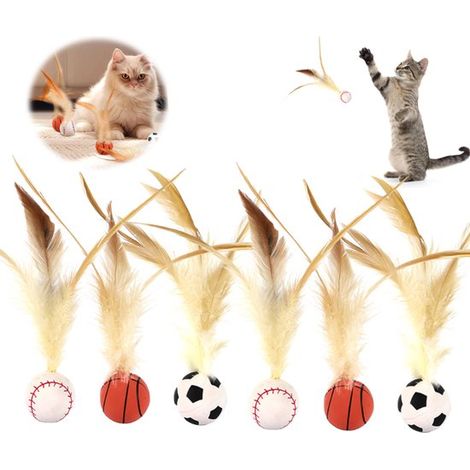 Lot de 6 balles rebondissantes pour chat, avec plumes, de 3 cm de diamètre. Jouet interactif pour chatons et chats adultes, idéal pour l'entraînement à la capture. Motifs sportifs : football, baseball (1/5)