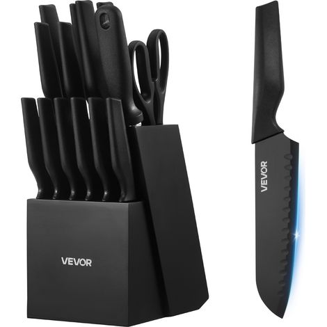 Ensemble Couteaux Cuisine avec Bloc, 15 PCS, Lame en Acier Inox à Haute Teneur Tranchants, Bloc en Bois de Pin, Set Ustensiles de Cuisine avec Ciseaux et Fusil pour Tous Types d'Ingrédients (1/5)