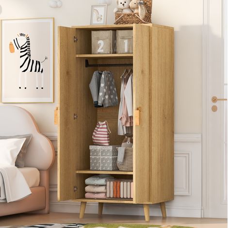 Armoire enfant à 2 portes avec espace penderie et rangement, blanc et bois OKMYHOME (1/5)