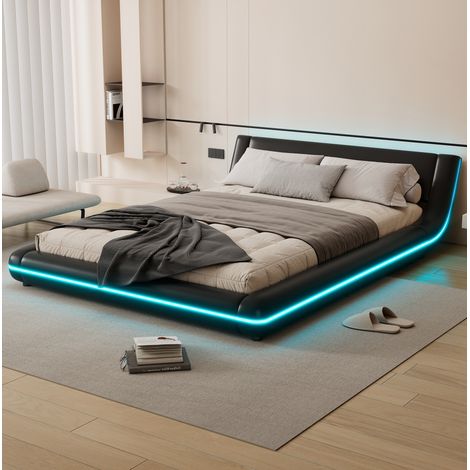 Lit au sol PU noir 140x200 cm avec LED d’ambiance et sommier à lattes inclus (1/5)