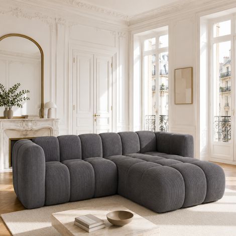 RINIA - Canapé d’angle droit en velours côtelé - 4 places - 228 cm - Gris (1/4)