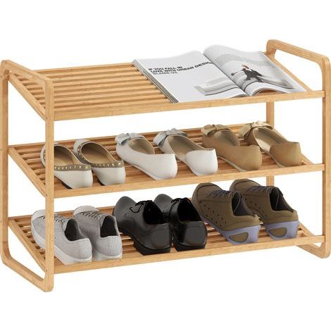 Schuhregal mit 3 Ebenen für 12 Paar Schuhe, mit Bambus-Lattenböden, 76 x 33 x 50,8 cm, Holzfarbe (1/5)