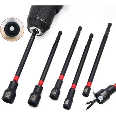 Ensemble de tournevis longs pour perceuse à percussion, adaptateur de douille hexagonale en alliage d'acier allié de 15,2 cm avec pointe magnétique, 8-14 mm, revêtement électrophorèse, sac (1/5)
