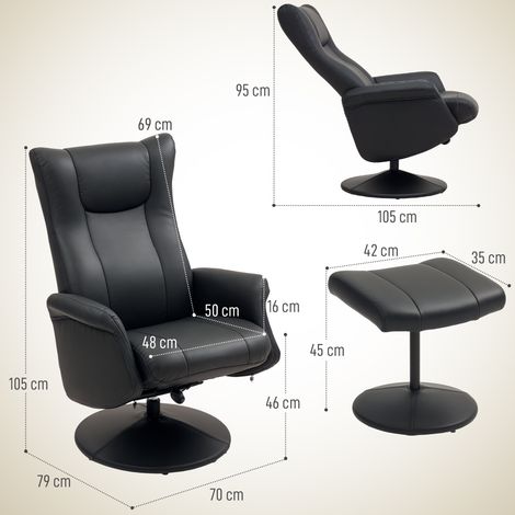 Fauteuil relax avec pouf, pivotant à 360°, inclinable avec fonction inclinaison, dossier réglable, canapé TV pour salon, simili cuir noir, charge max 150 kg. (1/5)