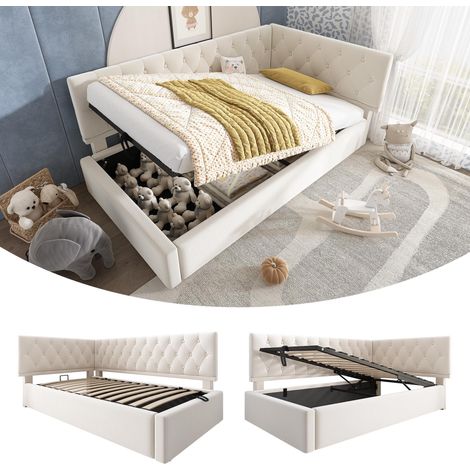 Lit de jour capitonné 90x200cm, canapé-lit avec rangement hydraulique, lit enfant/ado, cadre de lit avec sommier à lattes en bois, velours, beige, sans matelas., garantie 2 ans