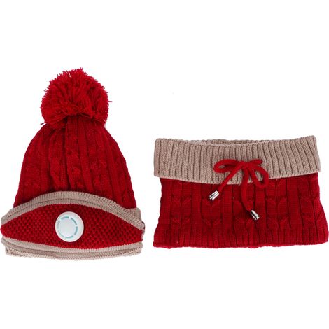 3-teiliges Set Damen Strickmütze Schal Mundschutz Nackenwärmer Wintermütze Bekleidungsaccessoires (Rot und Braun) (1/5)