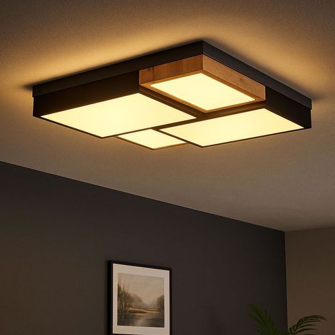Plafonnier LED lampe de chambre plafonnier aspect bois lampe de salon, métal MDF plastique, commutation par étapes, 50W 3000lm blanc chaud, LxlxH 60x60x9 cm