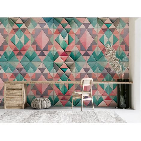 Papier peint géométrique - facettes de diamants rose et turquoise pastel - 150 x 250 cm (1/2)