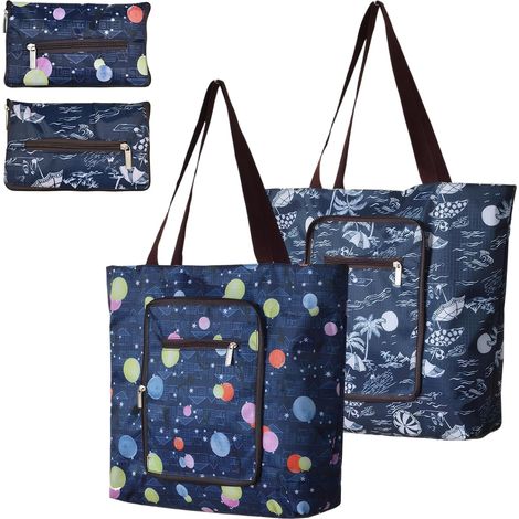 Sac De Courses Pliable 2 Pièces Sac De Courses Pliable En Tissu Nylon, Sac À Provisions Réutilisable Et Écologique, Avec Fermeture, Sac Shopping Pliable De Poche, Lavable, Pour Shopping, Voyages (1/5)