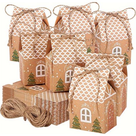 Lot de 50 boîtes en papier kraft de Noël, sacs cadeaux, décorations de fête, boîtes en forme de maison avec ficelle (1/5)