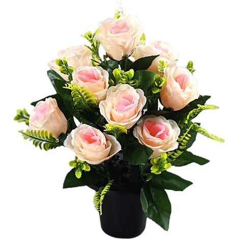 Fleurs de cimetière pour Tombe, 15 Pouces, 12 têtes de Roses artificielles avec Pot, Fleurs funéraires en Soie pour Pierres tombales (1/5)