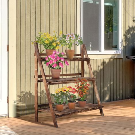 Porte-plantes 100x37x93cm - pliable en bois d’épicéa avec une étagère extérieure à 3 niveaux pour plantes fleuries (1/4)