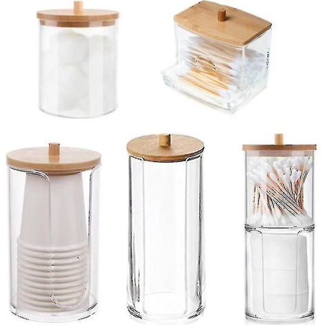 Boîte de rangement en acrylique pour salle de bain, pot de maquillage, organisateur de maquillage, porte-coton ronds, boîte à cotons-tiges, distributeur avec couvercle en bambou (1/5)