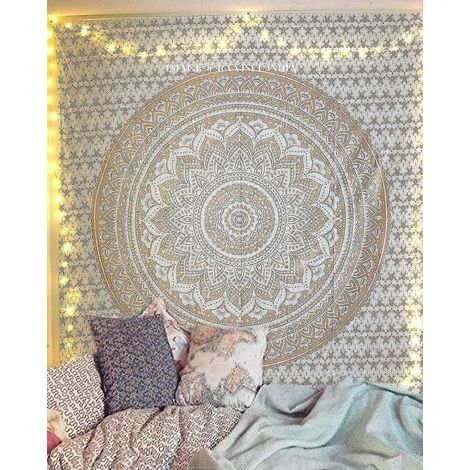 Tapisserie murale indienne mandala doré ombré blanc 150 x 200 cm / Décoration hippie / Rideaux bohèmes psychédéliques / Décoration orientale (1/5)