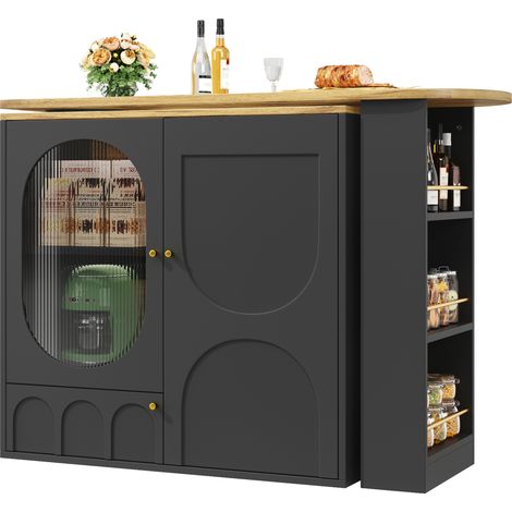 Îlot de cuisine pivotant 360° avec rangement, 3 portes, étagères intégrées, verre décoratif et structure MDF métal noir - CHICFURN (1/5)
