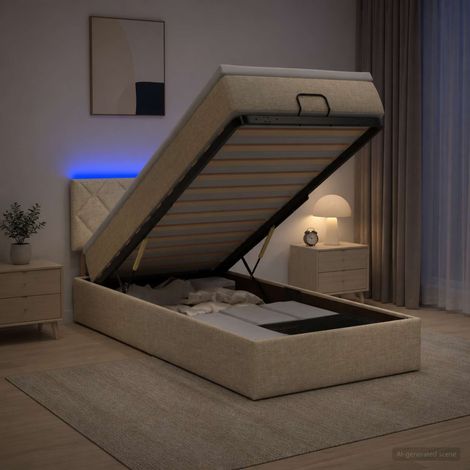 Cama tipo otomana con colchón y LED Crema 100 x 200 cm Tela (1/5)