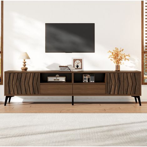 MODFU – Mueble TV 180x35x45 cm de aglomerado con 2 puertas, 2 cajones y patas metálicas, hasta 75 pulgadas y carga 60 kg – Nogal (1/5)