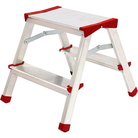 Escabeau 2 marches pliant en aluminium – Charge 125 kg – Pieds anti-dérapants – Dimensions L38 x P48 x H38 cm – Brixo (1/6)
