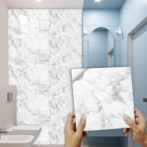 PVC Waterproof Bathroom Tile Sticker for Wall Removable White Marble Floor Sticker 30cm x 30cm Self Adhesive for Kitchen Backsplash Oilproof 10 Pieces