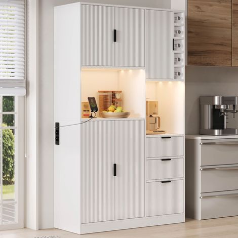 Credenza da cucina 105x40x180 cm, LED a colori controllata da app, prese integrate, portabottiglie, MDF bianco (1/5)