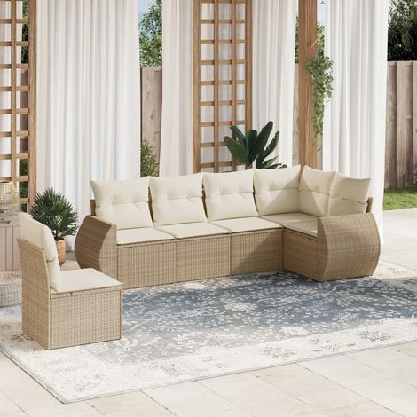Ensemble Salon Jardin 6 Places Résine Tressée Beige avec Coussins - Canapé d'Angle, Central et Accoudoirs - Mobilier Extérieur Modulaire (1/4)