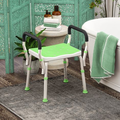 Sgabello da doccia per anziani e disabili con braccioli, altezza regolabile, piedini antiscivolo, verde (1/5)