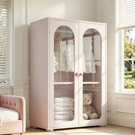 Armoire rose bébé 2 portes avec penderie, portes transparentes et étagères réglables, 80x50x120 cm (1/5)