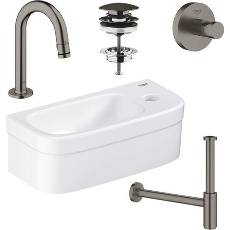 GROHE Euro ensemble lave-mains 37x18cm 1 trou de robinet sans trop-plein robinet courbé brushed hard graphite siphon bonde crochet porte-serviette (1/5)
