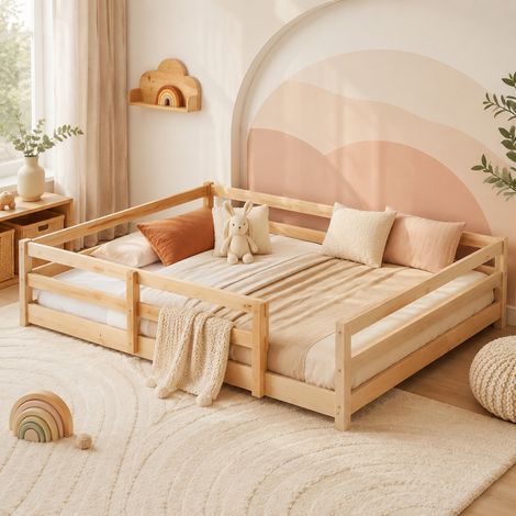 Letto Montessori per bambini in legno massello di pino naturale 140x200 cm con rete a doghe e sponde di protezione (1/5)