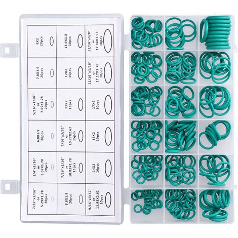Assortiment de 270 joints toriques, rondelles et œillets en caoutchouc verts, 18 tailles différentes, pour réparation. (1/5)