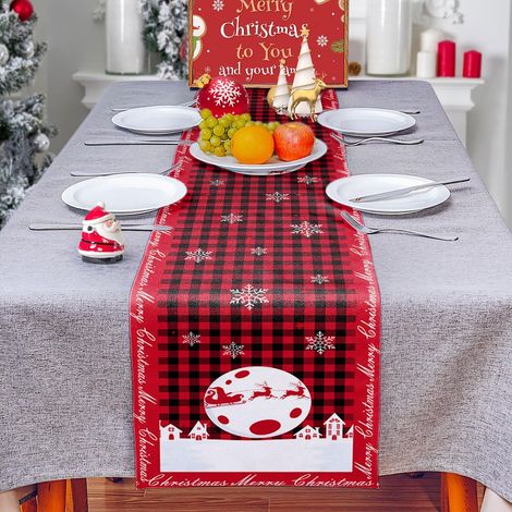 Chemin de table rouge en lin et coton de Noël - Décoration avec traîneau, renne, flocon de neige et motif Père Noël (33 x 229 cm) (1/5)