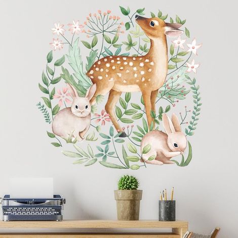 Stickers muraux représentant un cerf sika et un lapin, pour salon ou chambre à coucher. Papier peint (1/5)