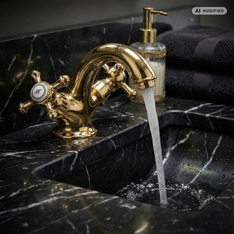 PaulGurkes Waschtischarmatur Wasserhahn klein Gold Retro Antik Zweigriffmischer (1/4)