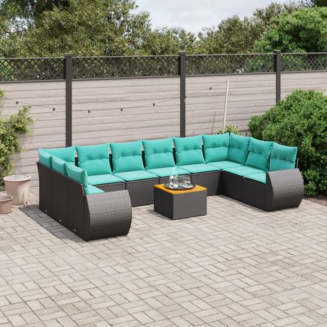 11-teiliges Gartensofa-Set mit Kissen, schwarzes Polyrattan (1/5)