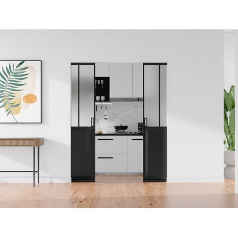 Porte coulissante double atelier avec système à galandage - Noir et verre trempé dépoli - 2 x H205 x L63 cm - ARTISTO II (1/4)