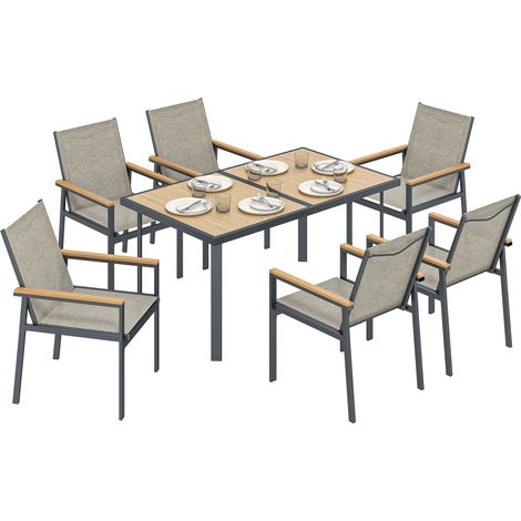 Outsunny 7 Piece Garden Dining Set, Outdoor Table and 6 Chairs, Khaki