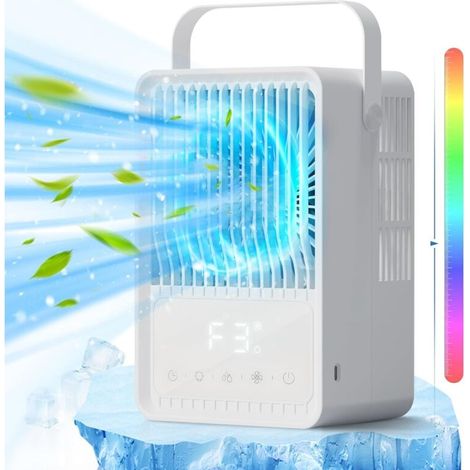Refroidisseur d'air portable 4 en 1, refroidisseur par évaporation silencieux pour chambre à coucher, bureau, 7 couleurs de lumière, 3 vitesses de vent et 2 modes de pulvérisation (1/5)